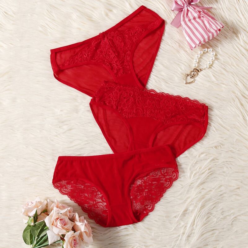 

3pack Floral Lace Sheer Panty Set, Red