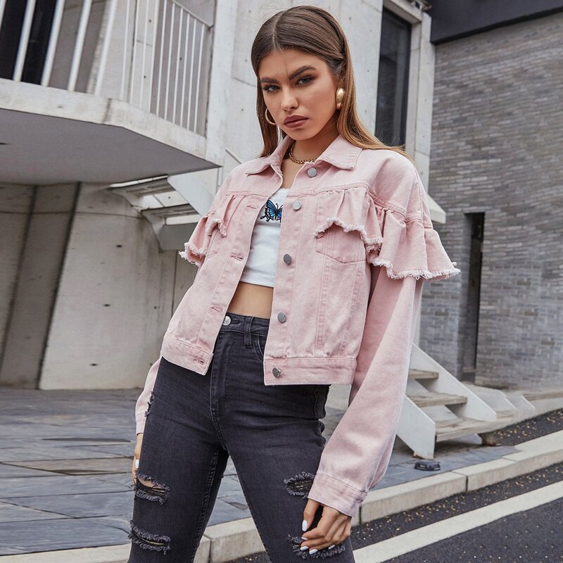 

Ruffle Raw Trim Denim Jacket, Baby pink