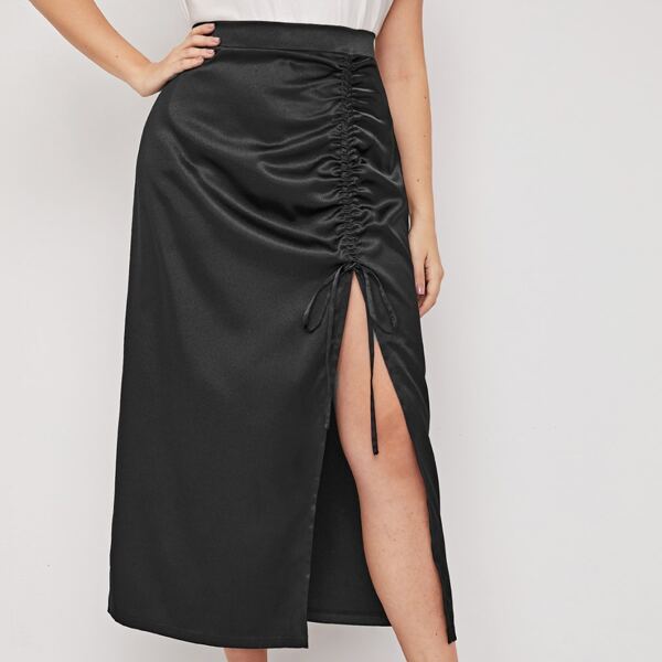 

Plus Drawstring Front Satin Split Skirt, Black