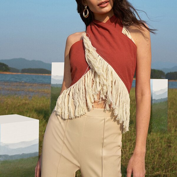 

Cross Wrap Fringe Hem Halter Top, Burnt orange