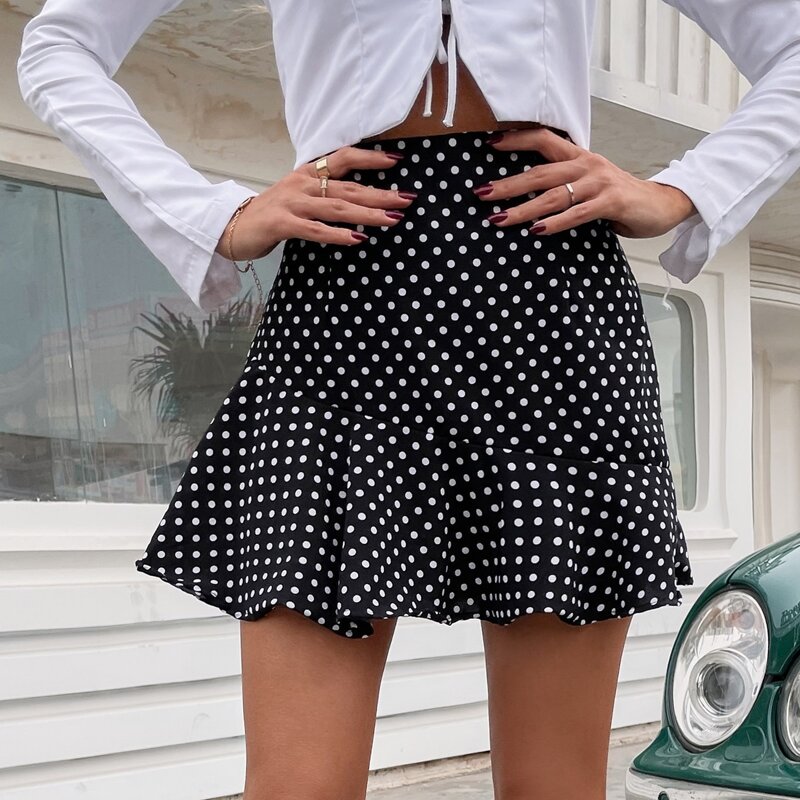 

Polka Dot Ruffle Hem Skirt, Black