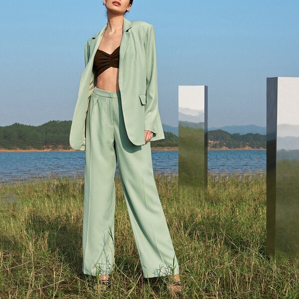 

Fold Pleated Solid Wide Leg Pants, Mint green