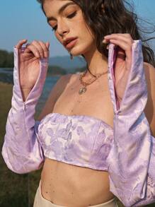 SHEIN 開衩袖羊腿袖花卉提花緞面露肩上衣 - 紫丁香色 - 查看 5