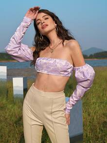 SHEIN 開衩袖羊腿袖花卉提花緞面露肩上衣 - 紫丁香色 - 查看 6