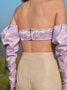 SHEIN 開衩袖羊腿袖花卉提花緞面露肩上衣 - 紫丁香色 - 查看 7