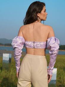 SHEIN 開衩袖羊腿袖花卉提花緞面露肩上衣 - 紫丁香色 - 查看 2