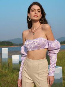 SHEIN 開衩袖羊腿袖花卉提花緞面露肩上衣 - 紫丁香色 - 查看 1