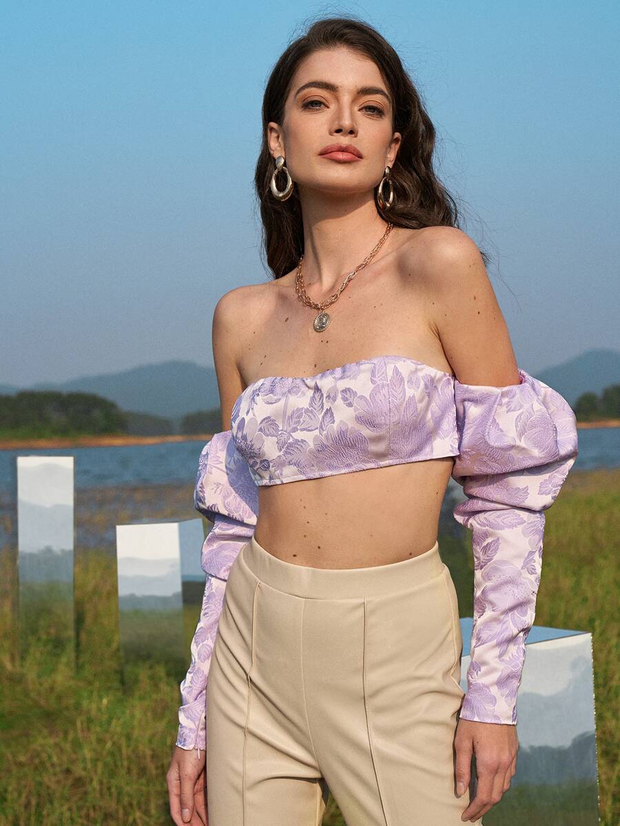SHEIN 開衩袖羊腿袖花卉提花緞面露肩上衣 - 紫丁香色 - 查看 1