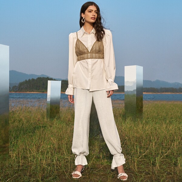 

Tie Hem Solid Straight Leg Pants, Beige