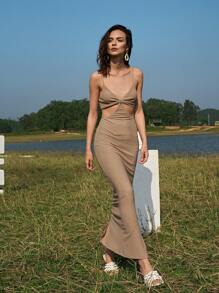 SHEIN BAE Cutout Solid Split Hem Dress - Khaki - View 4