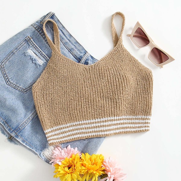 

Striped Crop Knit Cami Top, Khaki