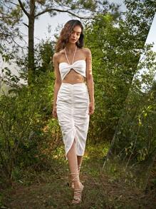 SHEIN Knotted Front Halter Top and Drawstring Front Skirt Set - White - View 1