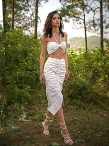 SHEIN Knotted Front Halter Top and Drawstring Front Skirt Set - White - View 2