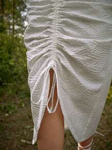 SHEIN Knotted Front Halter Top and Drawstring Front Skirt Set - White - View 3