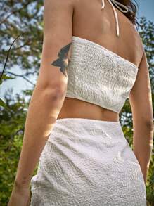 SHEIN Knotted Front Halter Top and Drawstring Front Skirt Set - White - View 4