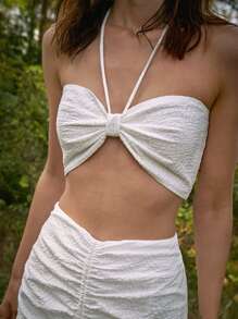 SHEIN Knotted Front Halter Top and Drawstring Front Skirt Set - White - View 5