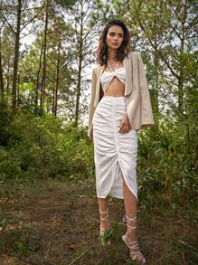 SHEIN Knotted Front Halter Top and Drawstring Front Skirt Set - White - View 6