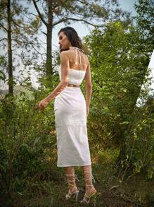 SHEIN Knotted Front Halter Top and Drawstring Front Skirt Set - White - View 7