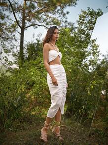 SHEIN Knotted Front Halter Top and Drawstring Front Skirt Set - White - View 9