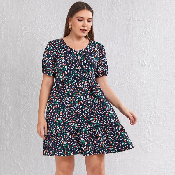 

Plus Allover Print Button Front Puff Sleeve Dress, Multicolor