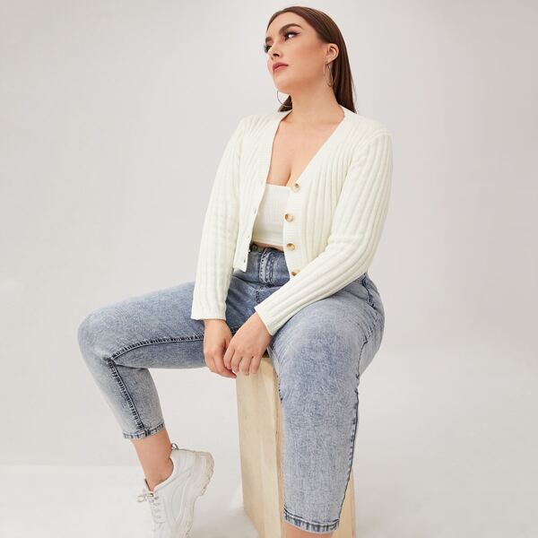 

Plus Button Up Rib-knit Cardigan, Beige