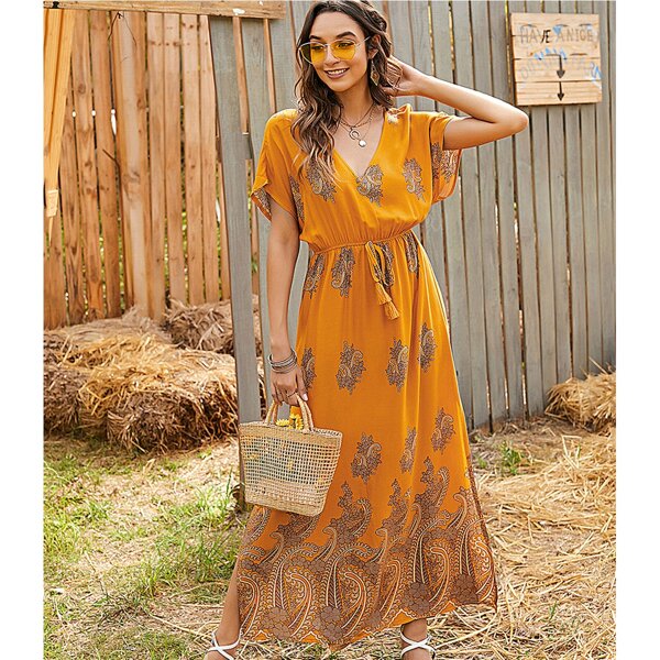 

Floral Print Knot Front Dress, Mustard yellow