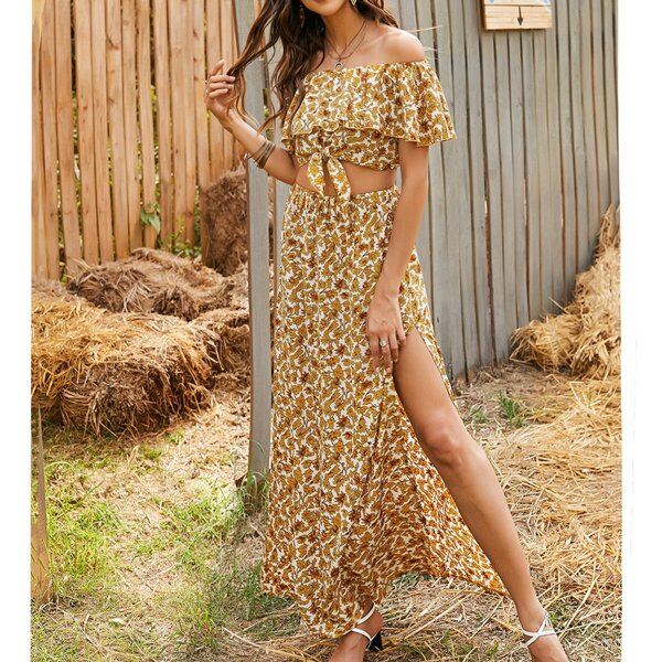 

Floral Knot Front Bardot Top & Split Thigh Skirt Set, Mustard yellow