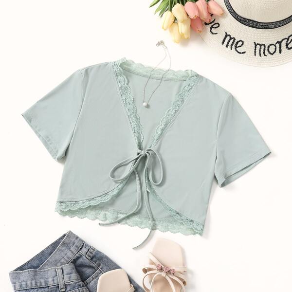 

Tie Front Lace Trim Top, Mint green
