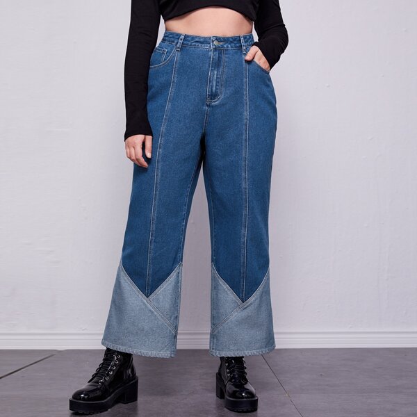 

Plus High Waist Colorblock Wide Leg Jeans, Medium wash