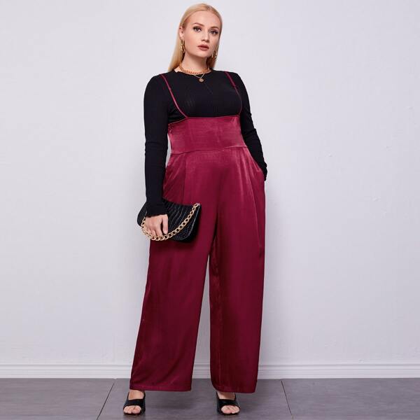 

Plus Wide Waistband Suspender Jumpsuit Without Tee, Burgundy