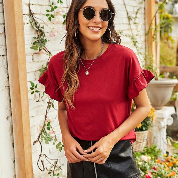 

Solid Flounce Sleeve Tee, Burgundy