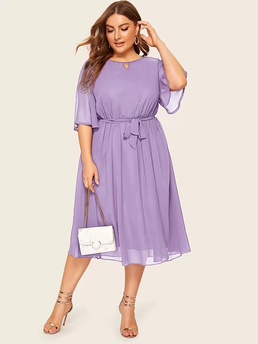 Plus Peekaboo Belted A-line Dress - Lilac Purple - View 1