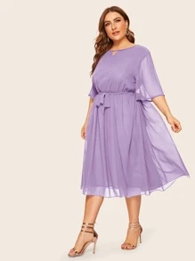 Plus Peekaboo Belted A-line Dress - Lilac Purple - View 4