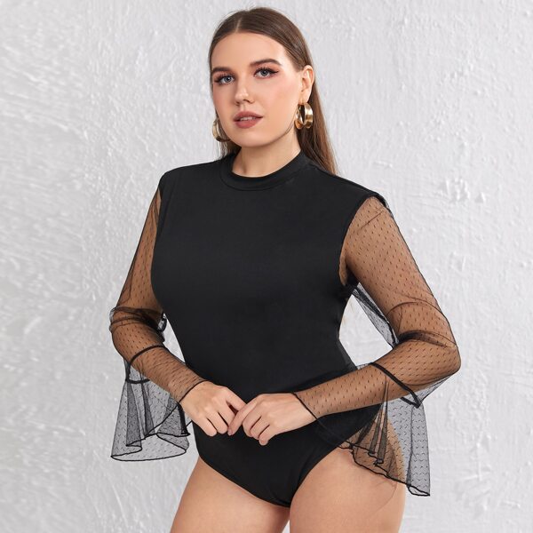 

Plus Mesh Flounce Sleeve Peekaboo Back Bodysuit, Black