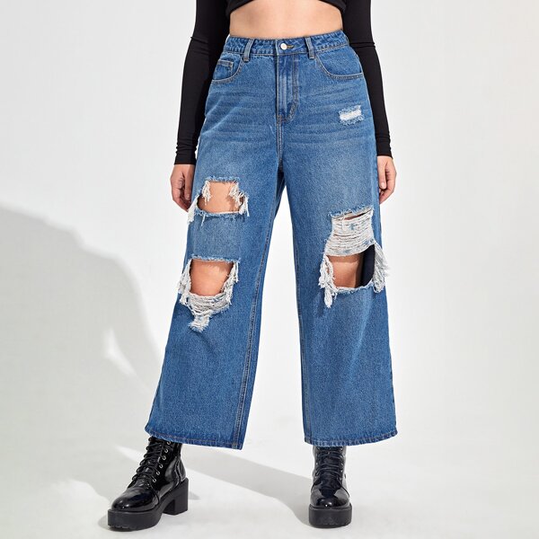 

Plus High Waist Ripped Wide Leg Jeans, Medium wash