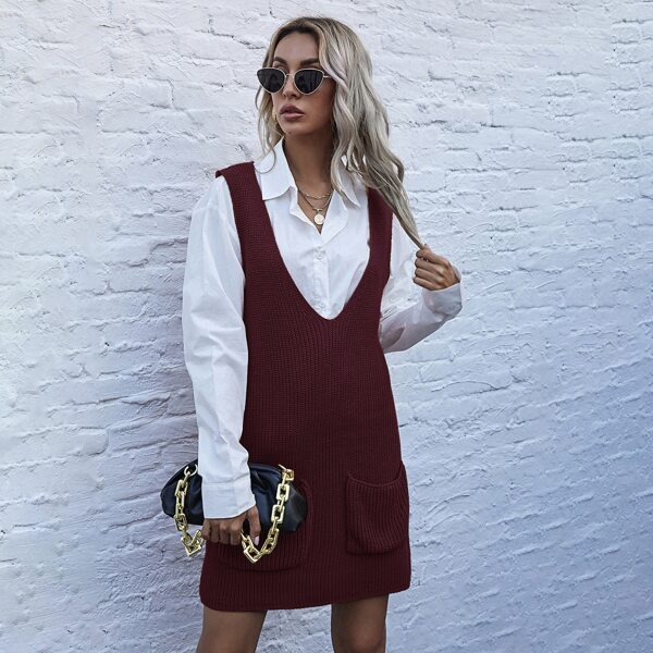 

Patch Pocket Sleeveless Sweater Dress Without Blouse, Burgundy