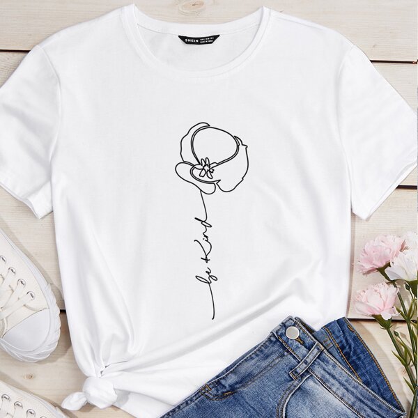 

Floral And Slogan Graphic Tee, White