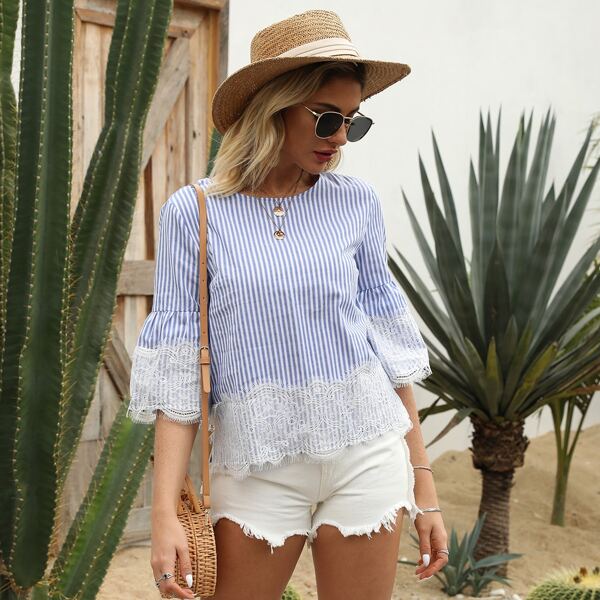 

Striped Lace Detail Top, Blue