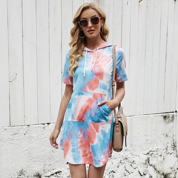 

Tie Dye Pocket Front Hooded Dress, Multicolor