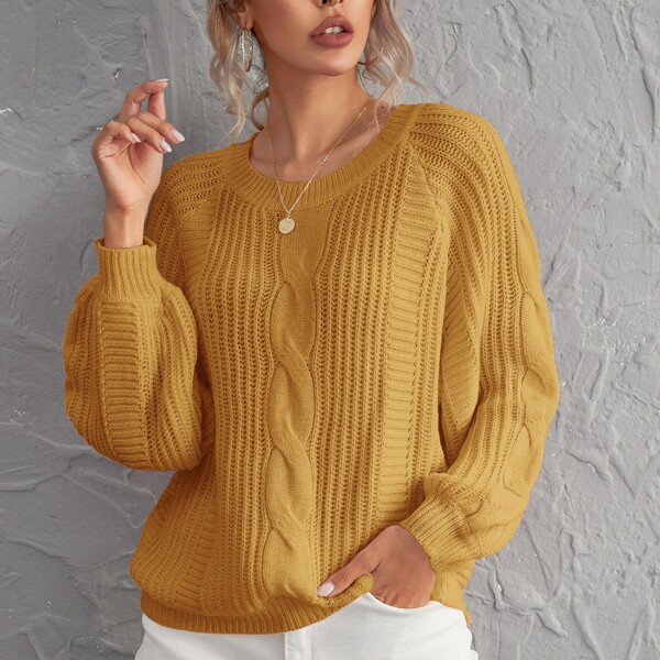 

Raglan Sleeve Solid Sweater, Mustard yellow