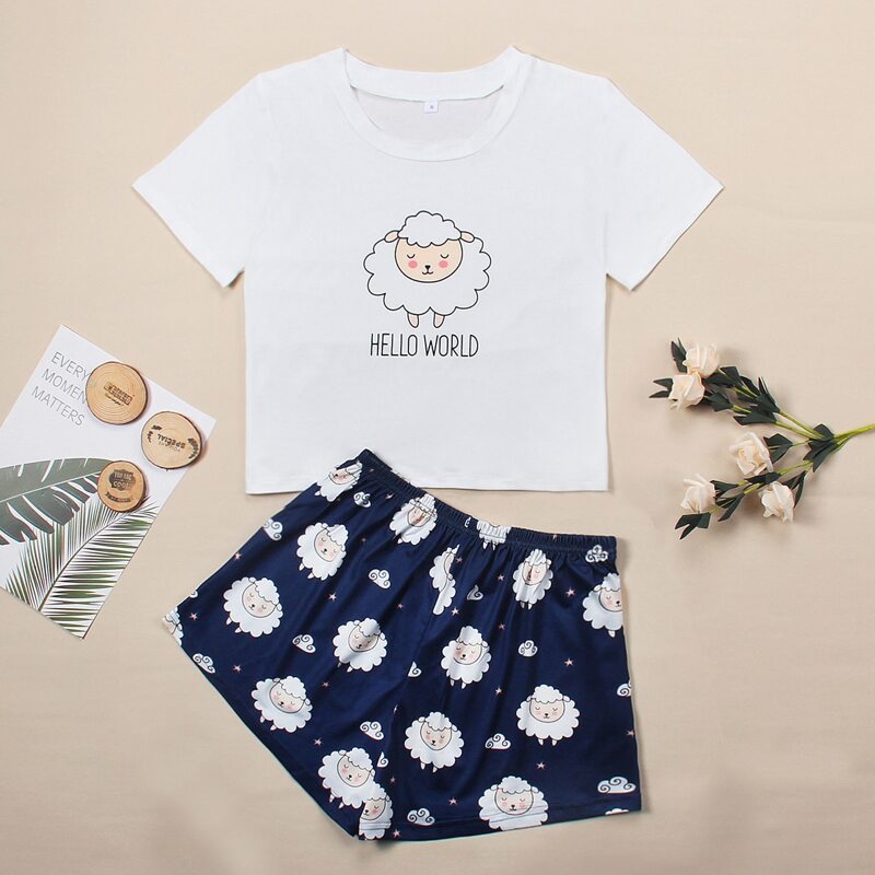 

Cartoon Sheep Print PJ Set, Blue and white