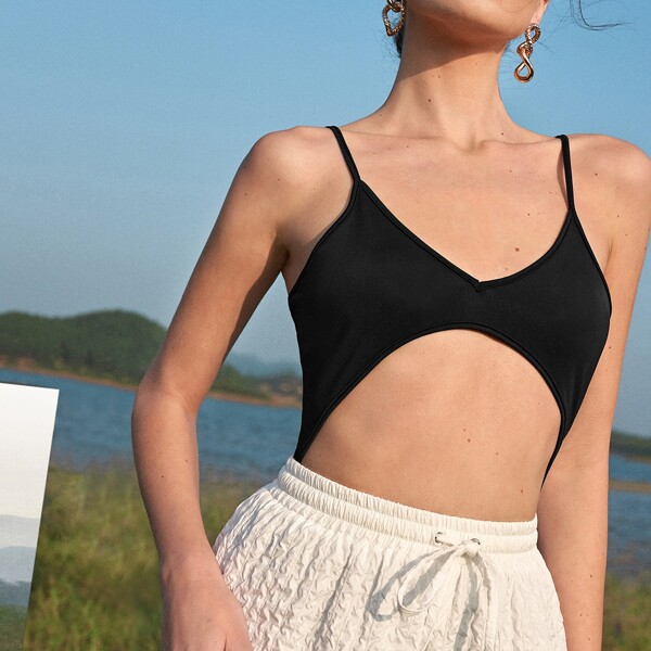 

Cutout Front Cami Bodysuit, Black