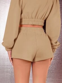 SHEIN SXY Elastic Waist Sweat Shorts - Camel - View 2