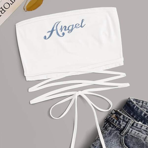 

Letter Embroidered Lace Up Knot Tube Top, White