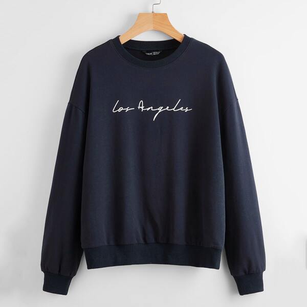 

Drop Shoulder Letter Graphic Pullover, Navy blue