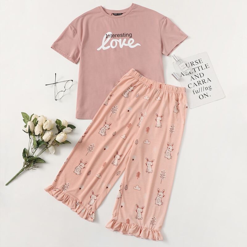 

Letter Graphic Tee and Rabbit Print Pants PJ Set, Pink