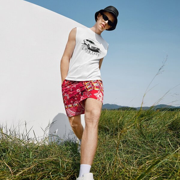 

Men Letter and Car Print Tank Top, White