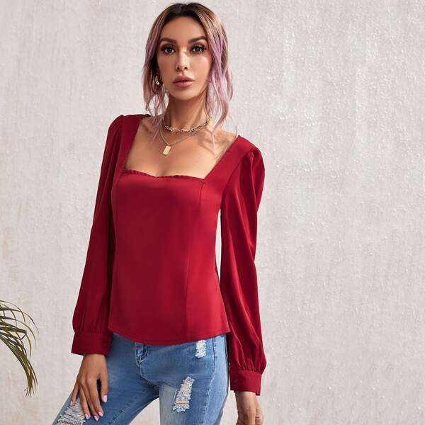 

Solid Square Neck Top, Burgundy