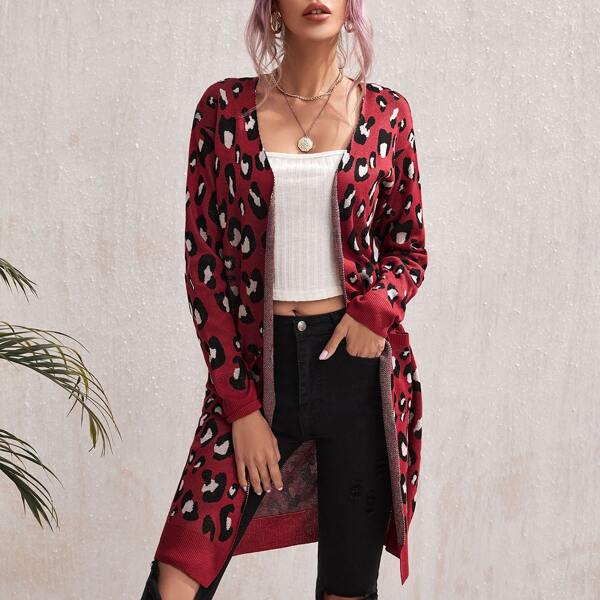 

Open Front Patch Pocket Leopard Cardigan, Multicolor