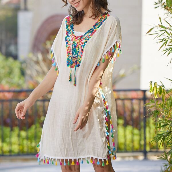 

Tassel Trim Split Hem Cover Up Dress, Beige